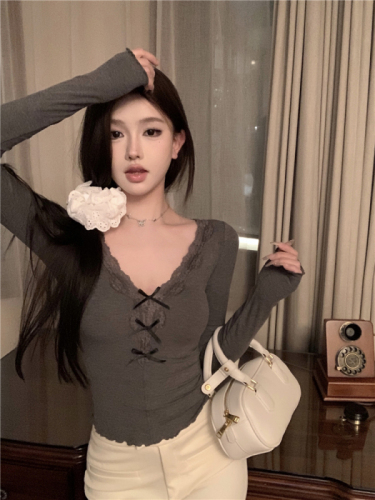 260g rayon pure lusty bow lace V-neck long-sleeved T-shirt women's spring new bottoming top