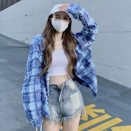 Blue plaid tassel design long-sleeved shirt jacket for women autumn new retro loose cardigan top