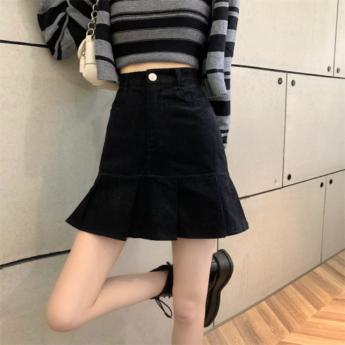 ~Retro corduroy pleated skirt women's autumn and winter skirt slimming short skirt high waist A-line hip skirt