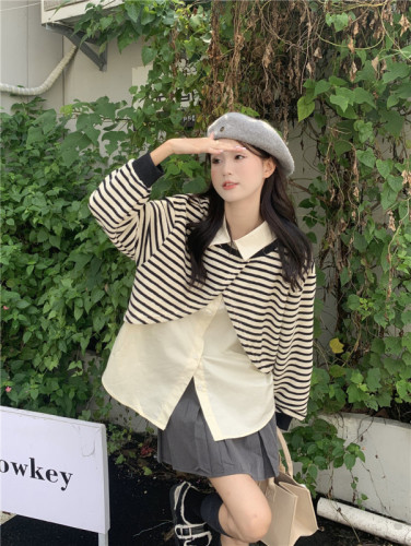 New design striped patchwork shirt fake two-piece sweatshirt