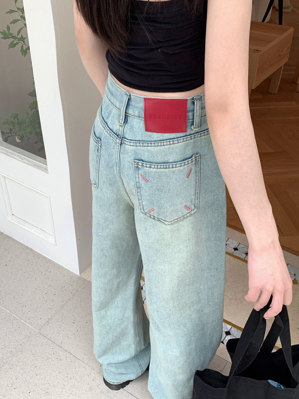Retro glacier blue high-waisted straight jeans for women, all-match tall and slim, floor-length mopping trousers