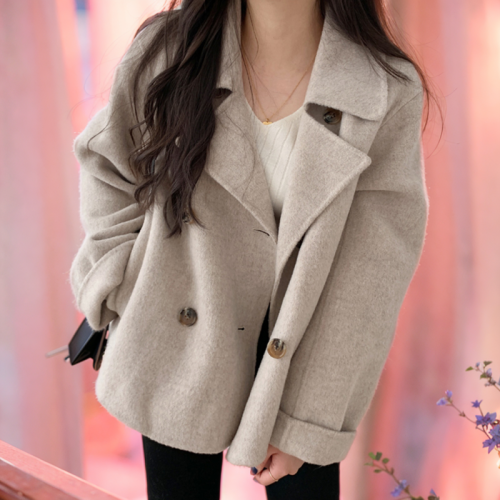 Korean chic autumn and winter French style suit collar double-breasted loose casual versatile long-sleeved warm woolen jacket