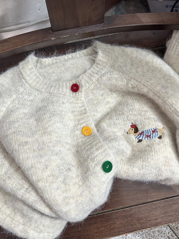 Alpaca #Autumn and winter candy-colored buttoned sweater cardigan for women puppy embroidered soft waxy coat sweet age-reducing top