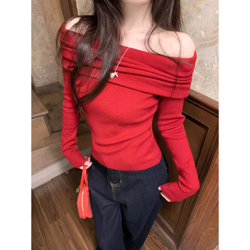 Real shot of retro one-shoulder long-sleeved sweater slim-fitting short bottoming shirt top