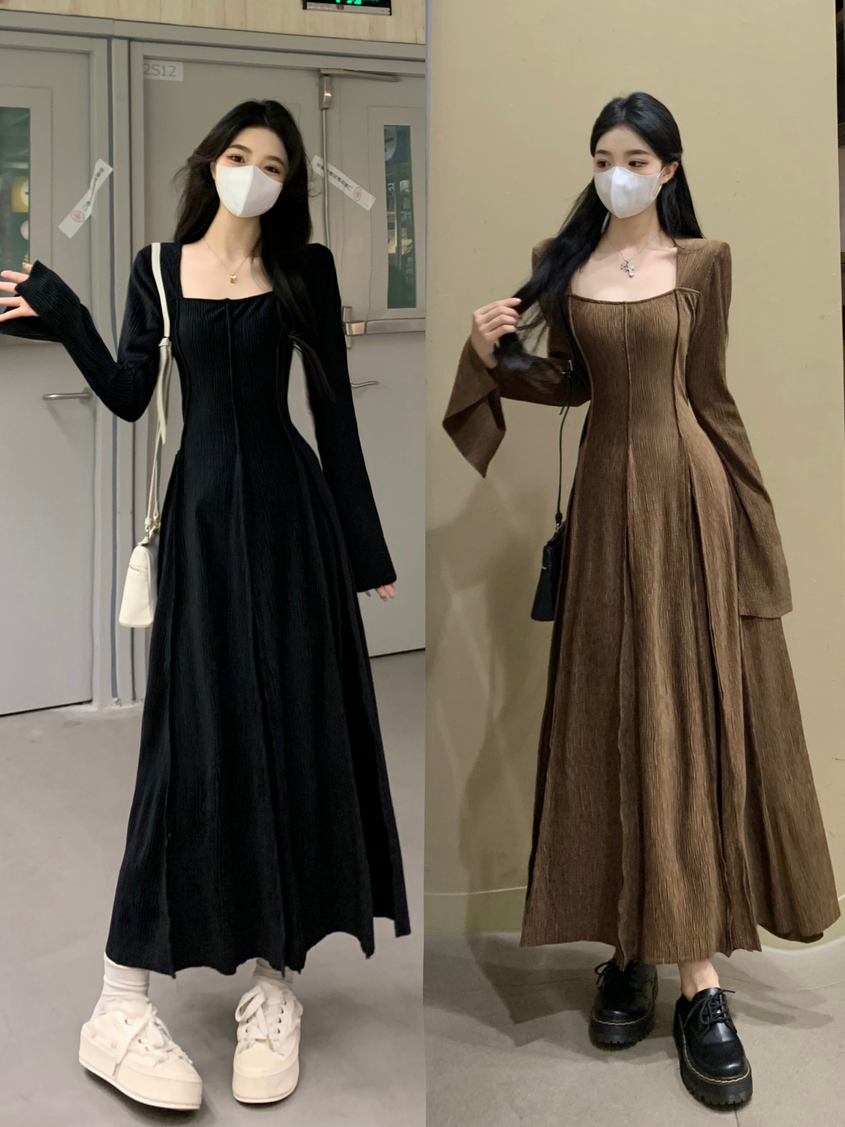 實拍~  高級感收腰修身顯瘦氣質打底內搭中長絲絨連衣裙