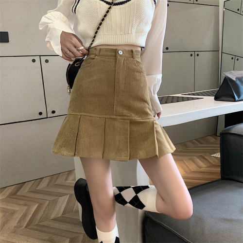 ~Retro corduroy pleated skirt women's autumn and winter skirt slimming short skirt high waist A-line hip skirt