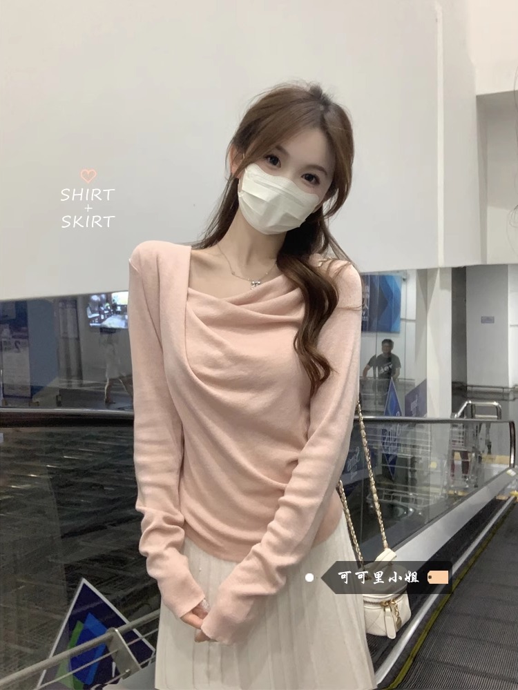 Gentle Pure Color Swing Collar Tied Waist Long Sleeve Knit Top for Women - 2024 Autumn New Casual Simple Elegant Fashion Top