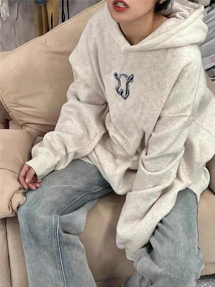Cotton Heavyweight Thin / Fleece-lined Silver Fox Fleece Loose Korean Style Printed Sweatshirt for Women - New Arrival for Autumn and Winter