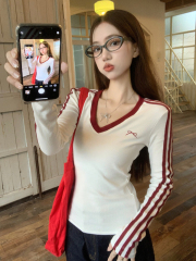 Embroidered color-blocked long-sleeved T-shirt for women in autumn new striped v-neck slim fit inner top