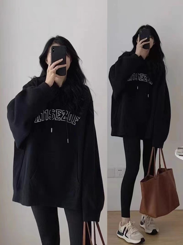 Plush velvet and thickened Korean retro hooded sweatshirt for women, loose, lazy style, large size trendy student mid-length slimming top