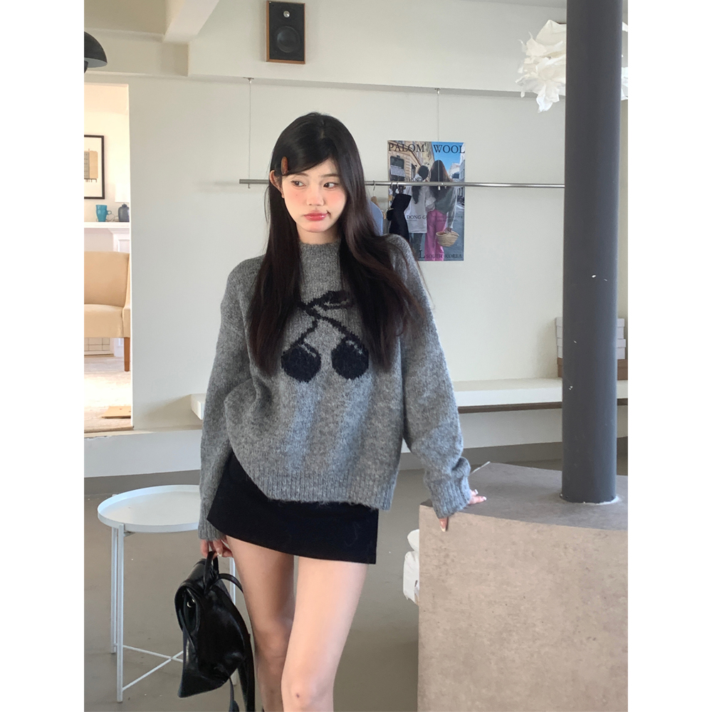 Photographed Autumn/Winter Thick Grey Cherry Cardigan Sweatshirt Lazy Style Loose Long-Sleeved Top