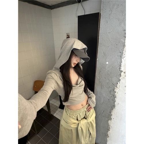 Jin Liang Official Picture Colored Cotton Ribbed Gray Hooded Swing Collar Long Sleeve T-Shirt Women's Autumn Slim Navel Cropped Top