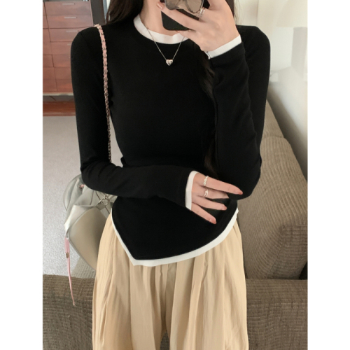 Real shot 1*1 thread 270g 2024 autumn and winter fake two-piece design niche long-sleeved T-shirt for women