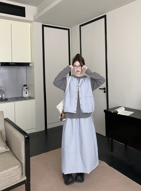 Autumn and winter versatile loose round neck cotton vest jacket + high waist drawstring skirt two-piece suit