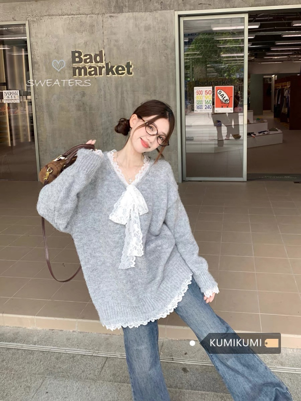 Alpaca #Gray V-neck lace splicing fake two-piece sweater for women autumn and winter mid-length lazy style sweater