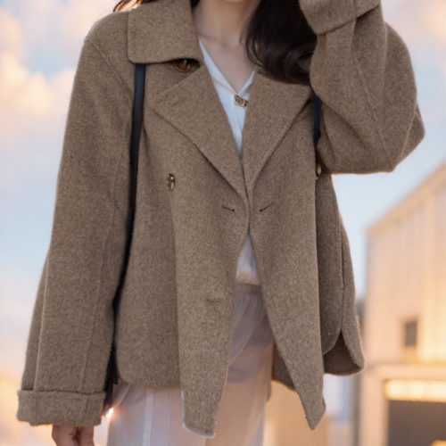 Korean chic autumn and winter French style suit collar double-breasted loose casual versatile long-sleeved warm woolen jacket