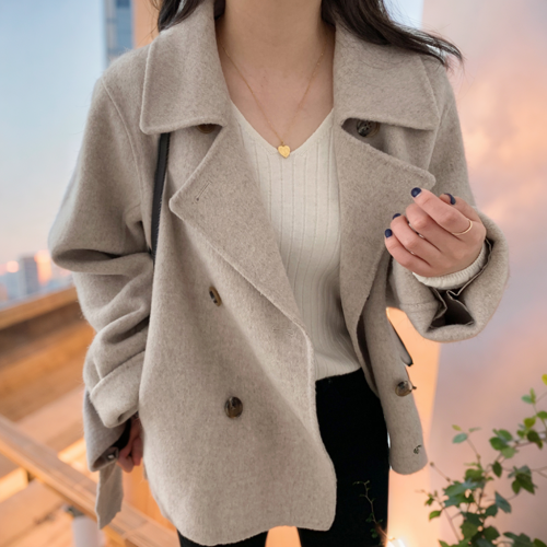 Korean chic autumn and winter French style suit collar double-breasted loose casual versatile long-sleeved warm woolen jacket