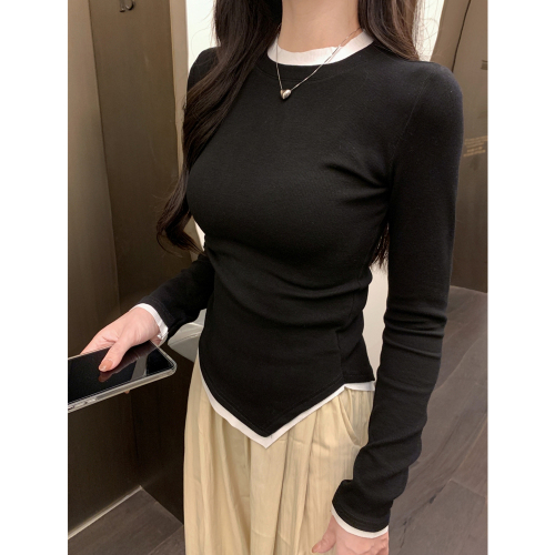 Real shot 1*1 thread 270g 2024 autumn and winter fake two-piece design niche long-sleeved T-shirt for women