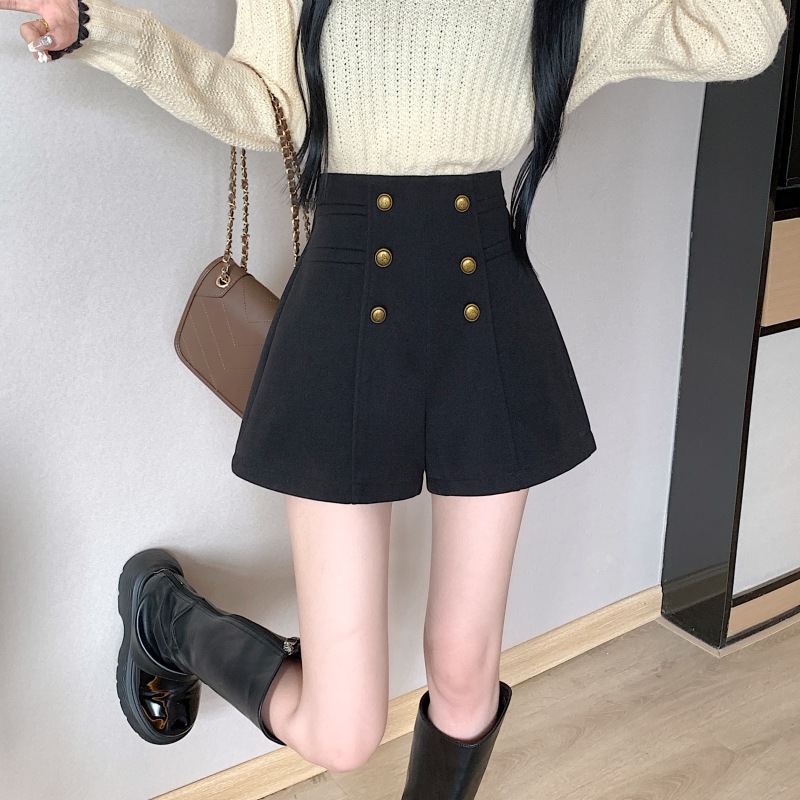 Casual pants design double-breasted loose wide-leg pants women's high-waisted A-line woolen boot shorts
