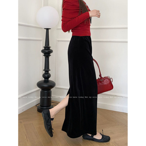 Actual shot ~ New Korean style high-waist slim velvet long skirt with slits at the back, elastic waist, A-line skirt, hip-covering skirt for women