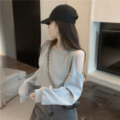 Internet celebrity off-shoulder T-shirt women's short loose early autumn ins Korean version slimming long-sleeved lazy style top