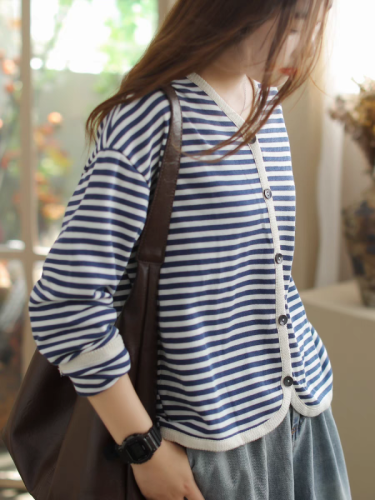 Jacket women's casual original artistic striped round neck fashion simple slimming women's top cardigan