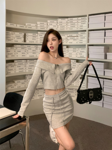 Actual shot~Korean style lapel short zippered one-line collar long-sleeved sweatshirt + high-waisted drawstring hip-covering skirt