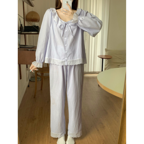 Korean style long-sleeved autumn and winter embroidered splicing cute and sweet princess pajamas and home clothes set that can be worn outside