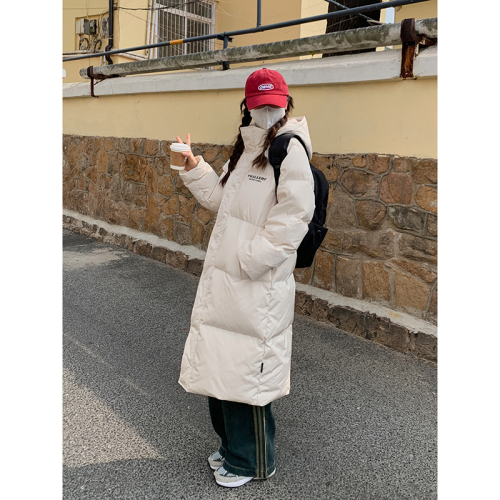 Off-white long down jacket for women 2024 winter new mid-length cotton coat Korean style thickened over-the-knee couple coat