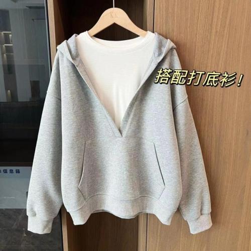 Fashionable large V-neck casual and versatile Korean style loose hooded sweatshirt