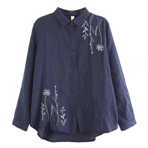 Literary retro floral embroidery double-layer cotton gauze shirt women's new loose and slim long-sleeved shirt