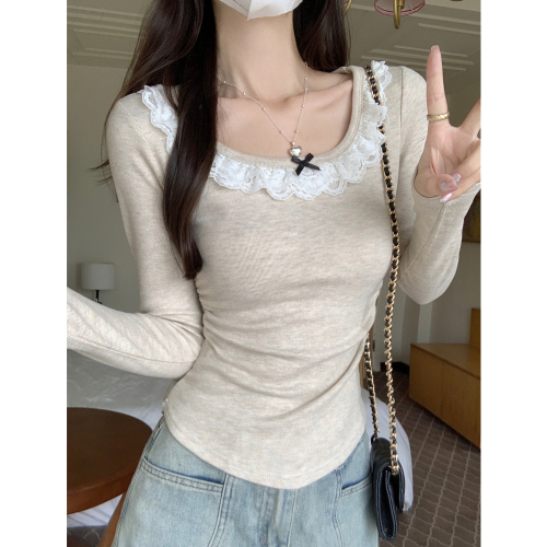 Real shot of cashmere lace plus velvet thickened brushed long-sleeved T-shirt for women in autumn and winter