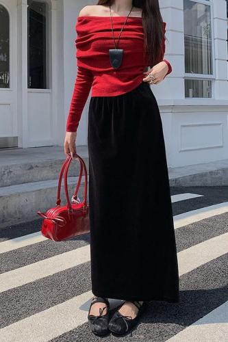 Actual shot ~ New Korean style high-waist slim velvet long skirt with slits at the back, elastic waist, A-line skirt, hip-covering skirt for women