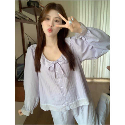 Korean style long-sleeved autumn and winter embroidered splicing cute and sweet princess pajamas and home clothes set that can be worn outside