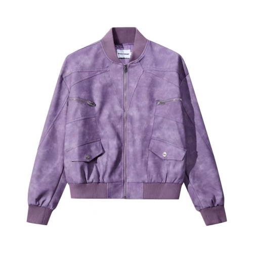 Retro high-end purple leather jacket for women 2024 autumn loose street motorcycle jacket top