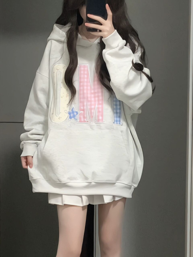 Not a real shot. Autumn new American style lazy chic patch embroidered hooded sweatshirt loose hoodie top