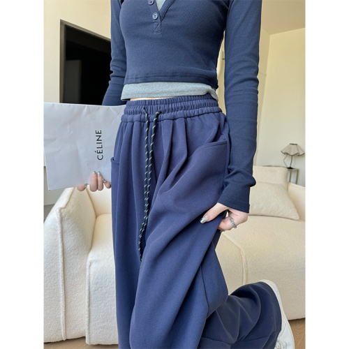 Pocket autumn new high street American style loose neutral high waist casual pants simple floor mopping trousers for women