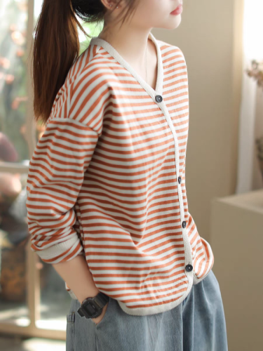 Jacket women's casual original artistic striped round neck fashion simple slimming women's top cardigan