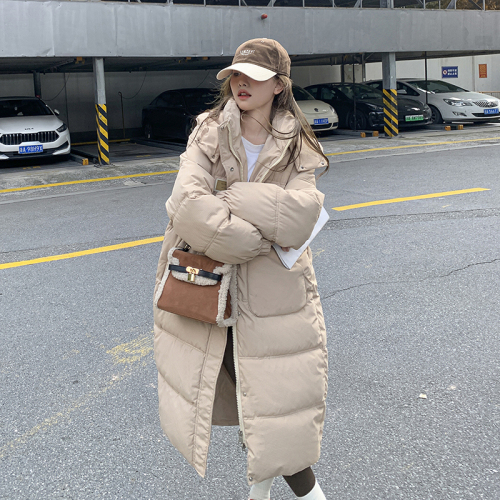 Milk tea color long down cotton jacket for women 2024 new Korean style gentle style thickened cotton jacket winter knee-length cotton coat