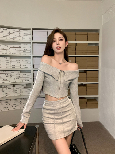 Actual shot~Korean style lapel short zippered one-line collar long-sleeved sweatshirt + high-waisted drawstring hip-covering skirt