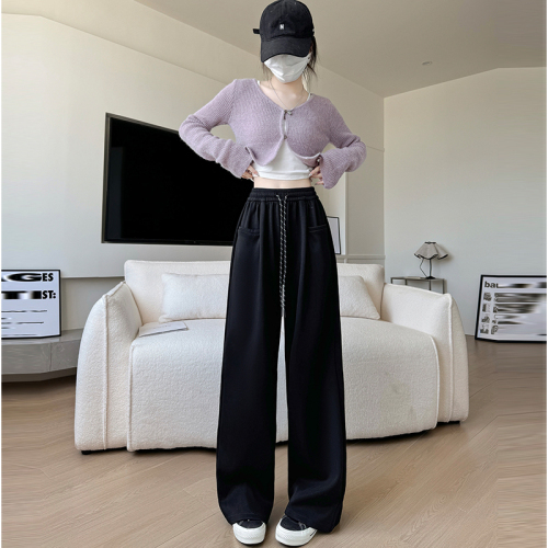 Pocket autumn new high street American style loose neutral high waist casual pants simple floor mopping trousers for women