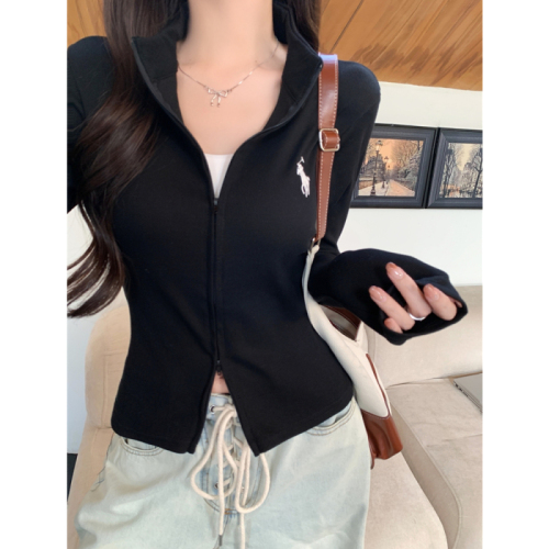 Real shot of rayon 2*2 double zipper stand collar long sleeve T-shirt women's slimming embroidered cardigan