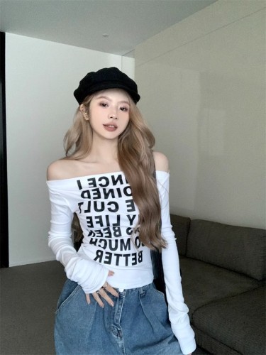 Hot girl style one-shoulder letter printed white T-shirt women's early autumn slim slim long-sleeved top