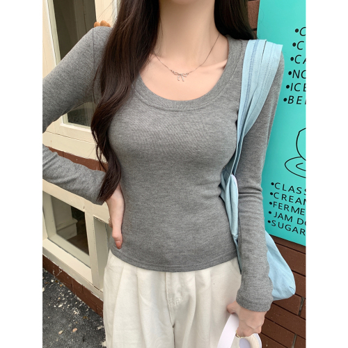 Real shot of cashmere plus velvet thickened long-sleeved T-shirt for women U-neck slim bottoming shirt