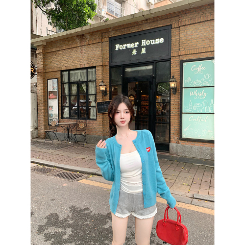 Real shot of Korean style embroidered love loose and versatile autumn knitted sweater cardigan jacket top