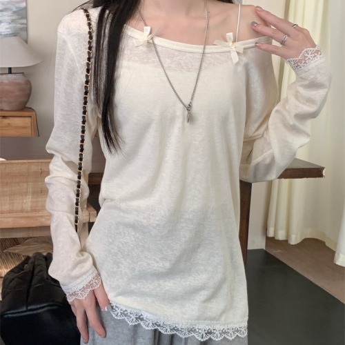 Real shot of autumn new sweet bow blouse long-sleeved T-shirt women's top