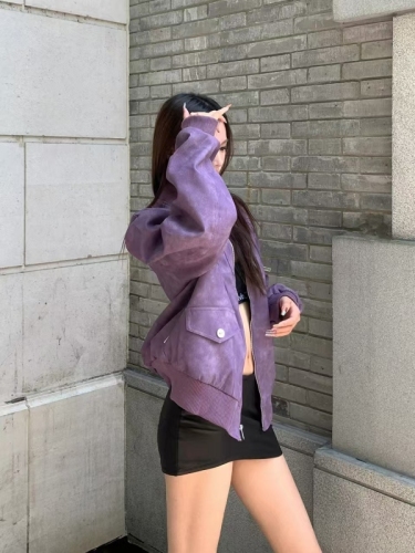 Retro high-end purple leather jacket for women 2024 autumn loose street motorcycle jacket top