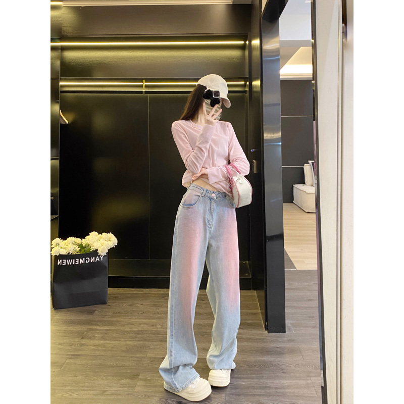 Blush pants, jeans, women's spring wear, new Korean version, gradient niche, high waist, slimming, loose straight trousers