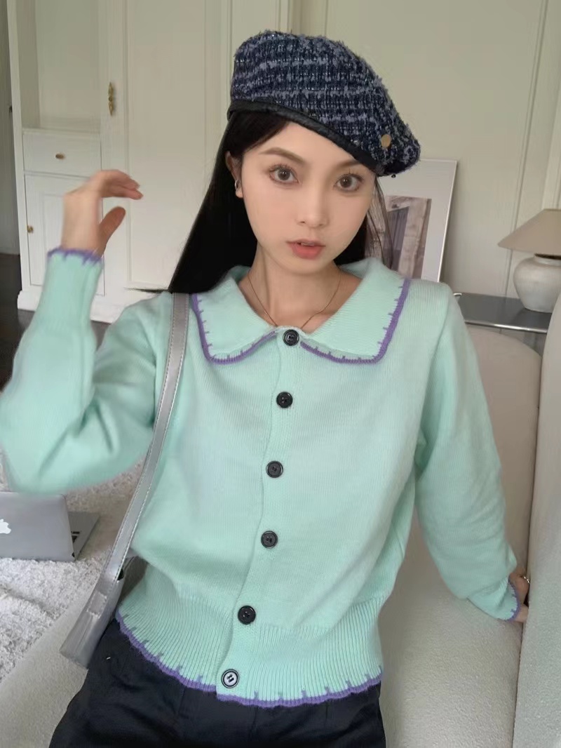 韓系復古減齡娃娃領木耳邊針織開衫女新款洋氣百搭顯瘦毛衣潮XM