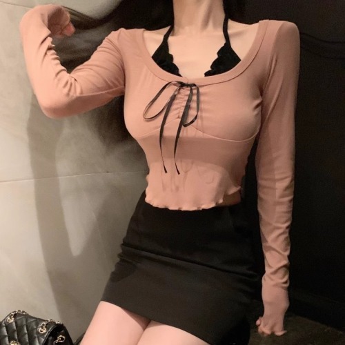 260g free-cut pure desire fake two-piece halterneck long-sleeved T-shirt for women in early autumn waist slimming lace-up short top